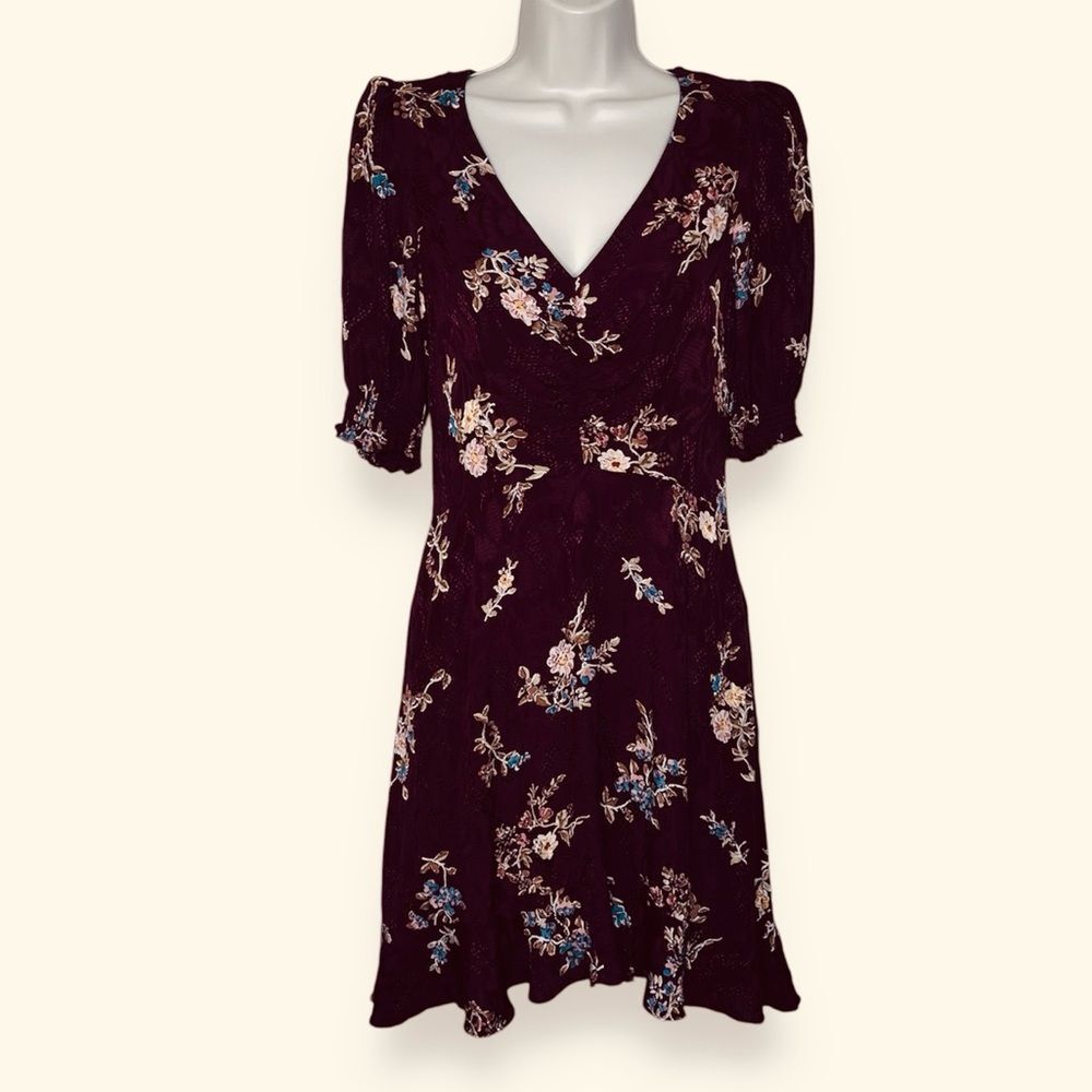 Maeve Anthropologie Elisabeth Mini Dress Berry Floral Puff Sleeve Women 6 READ